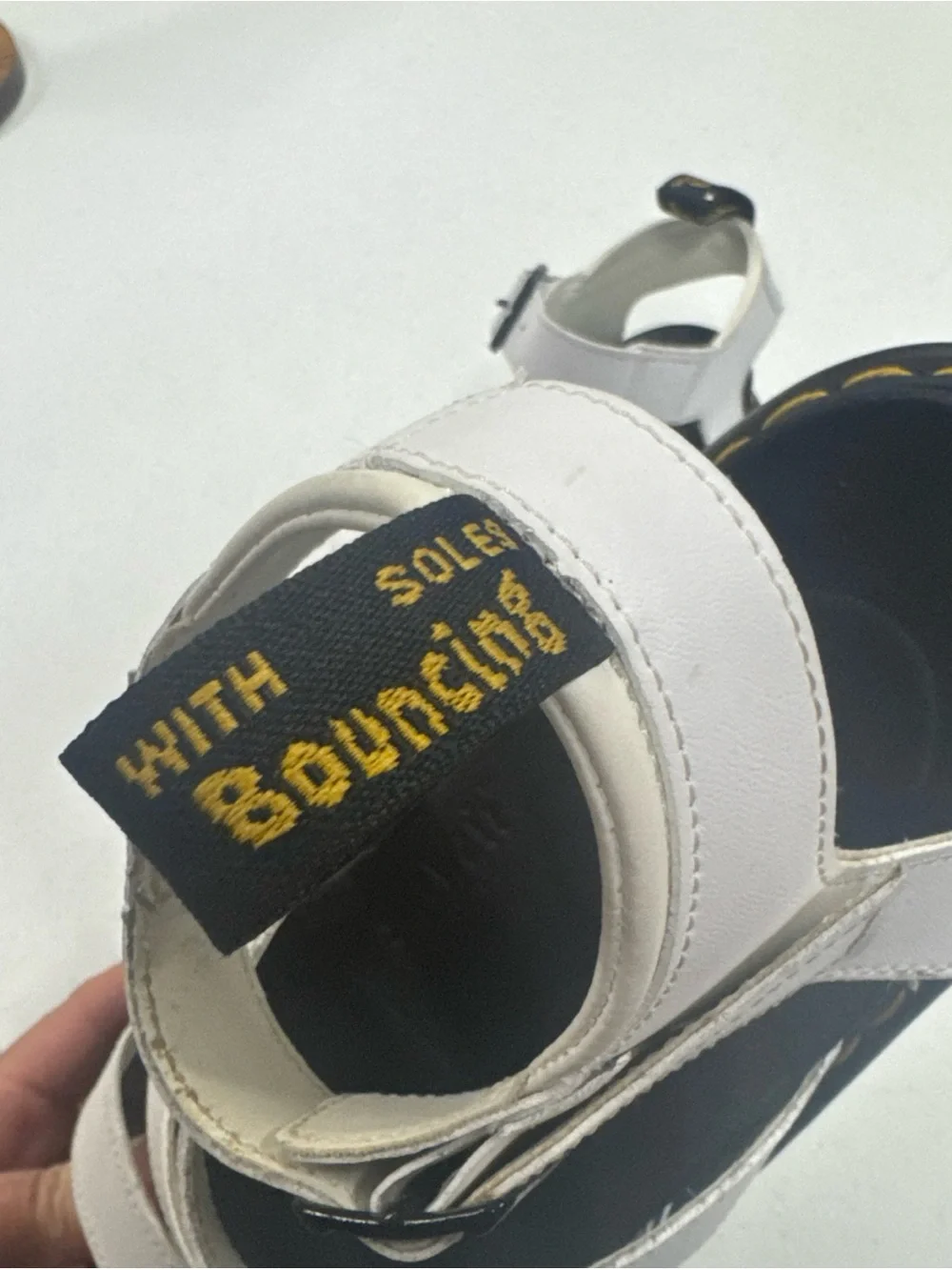 Dr. Martens White Platform Sandals with Yellow Stitching